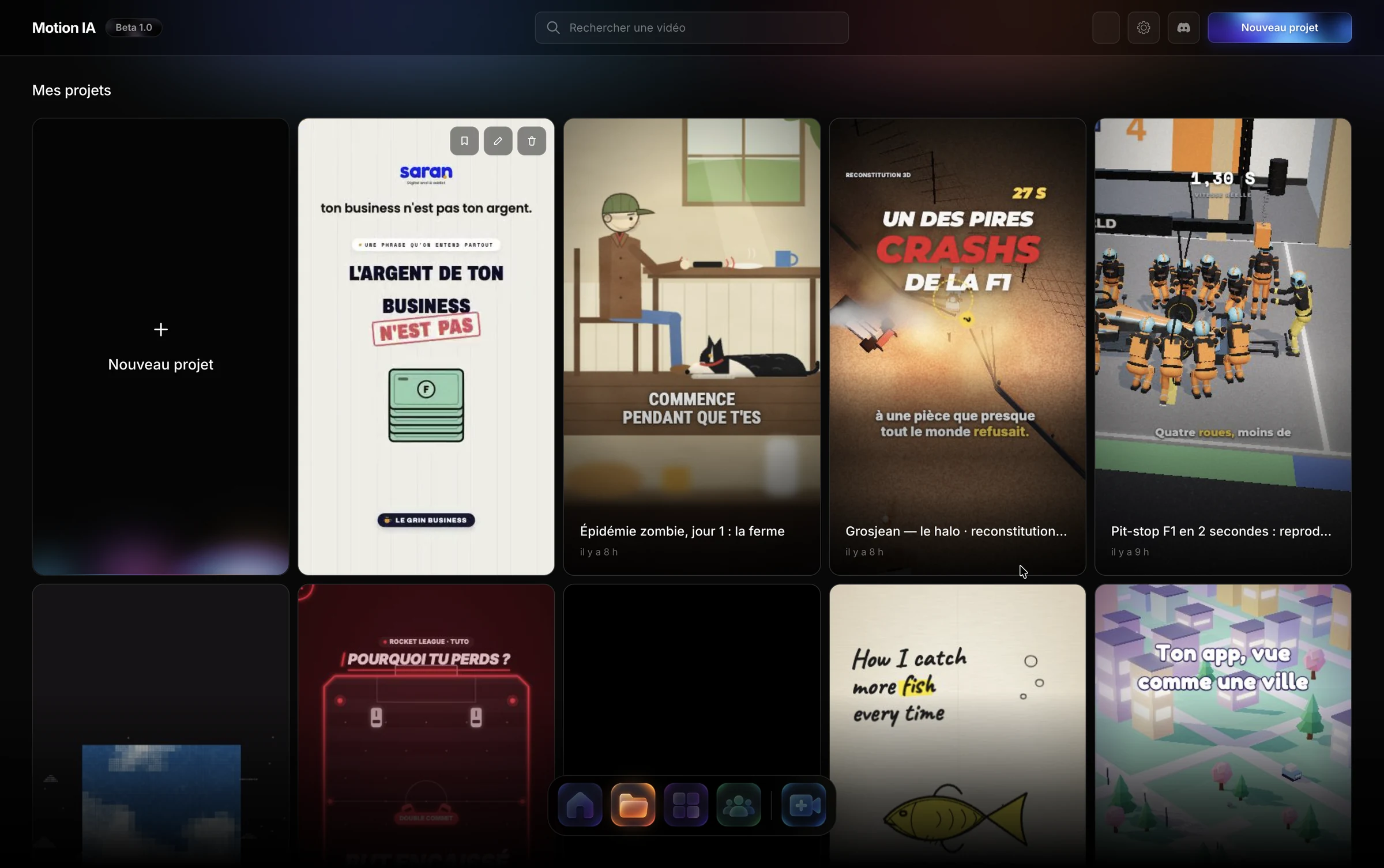 Motion Studio software interface showing a gallery of vertical videos generated with artificial intelligence